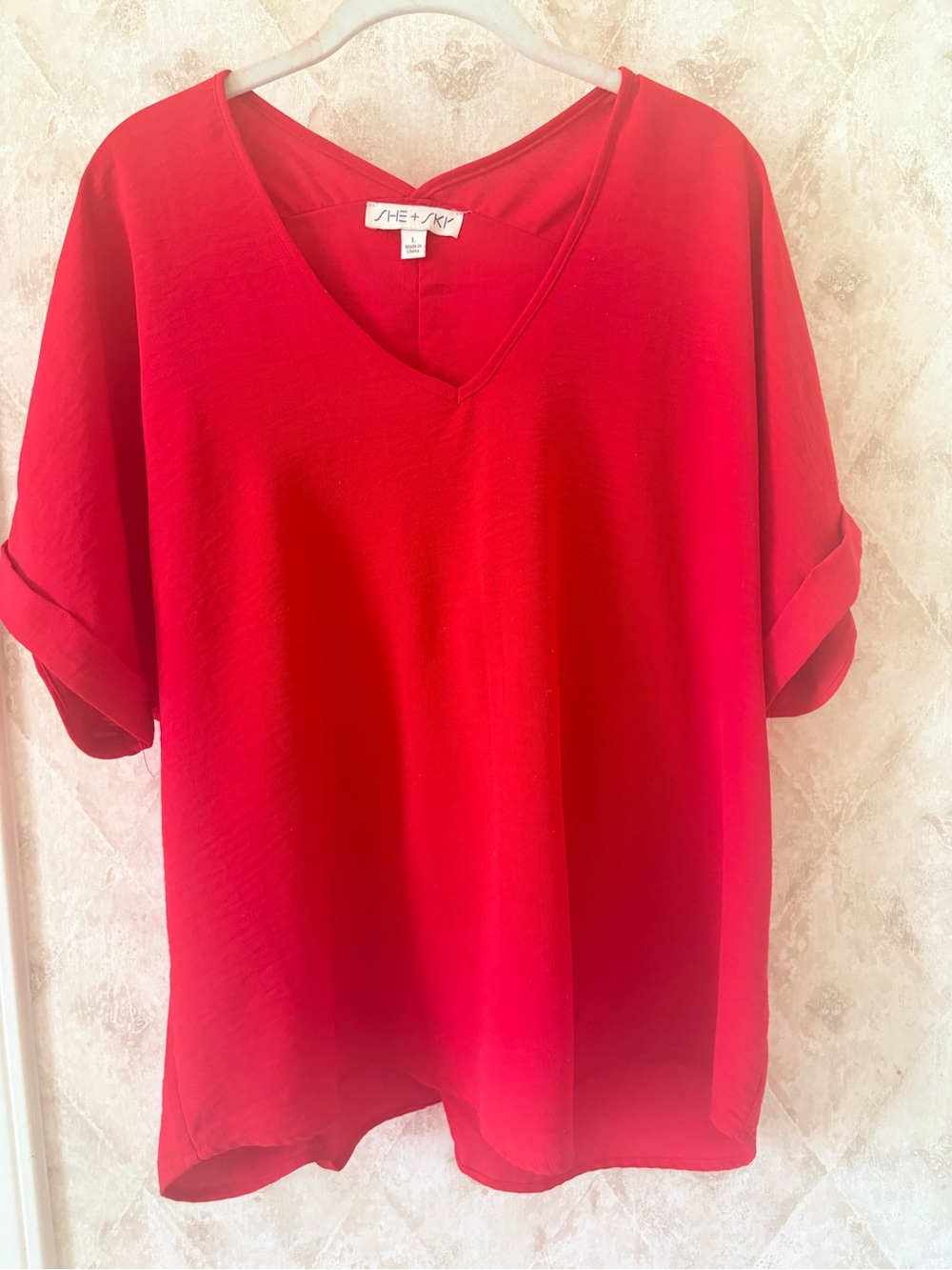 She + Sky Bright Red V-Neck Roll-Sleeve Top